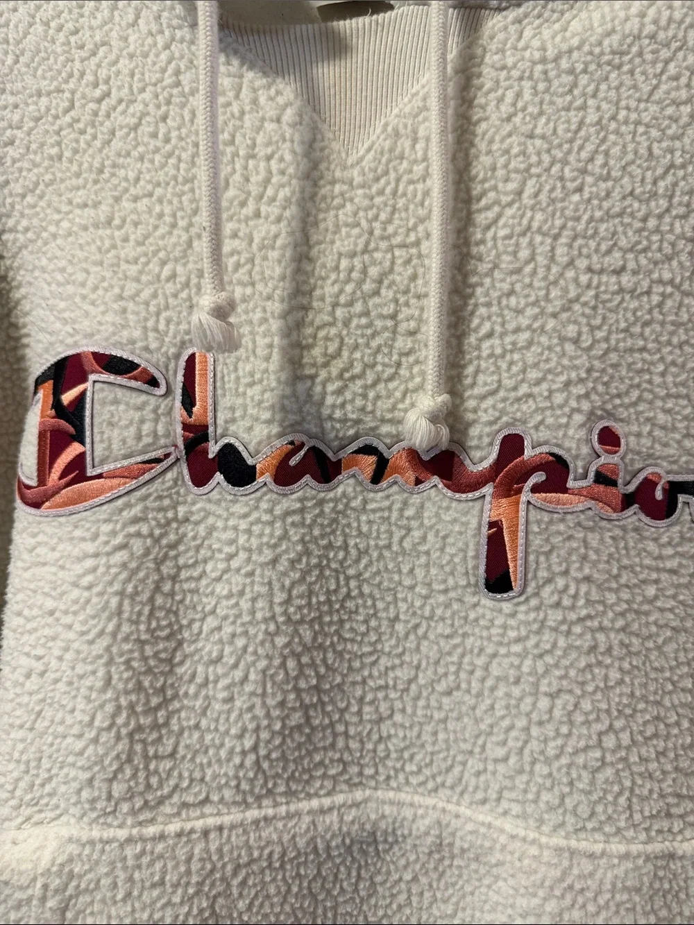 Rare Champion Cream Sherpa Crewneck Hoodie with Pink-Red Logo